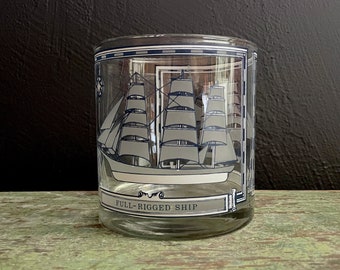 Vintage Rocks Glass Georges Briard Ship Blue Grey Clear Glass Full-Rigged Ship Bark Double Old Fashioned Glass Mid Century Nautical Barware