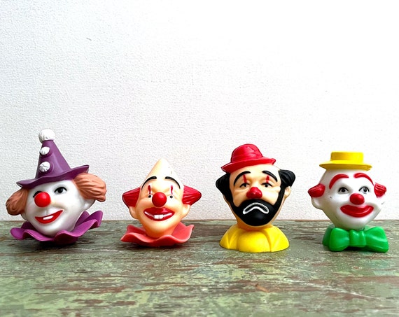 Vintage Clown Head Cake Toppers Set of 4 Made by Wilton 1978 Plastic Birthday Cake Clowns Creepy Circus Heads Colorful Repurpose For Crafts