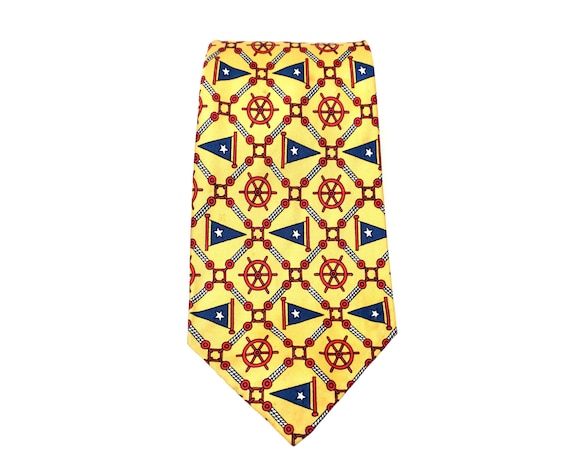 Vintage Nautical Tie Yellow Silk Red Ship Wheels Blue Flags Boating Necktie Menswear 1980s Italian Silk Tie Sold By Gimbels Gift for Dad