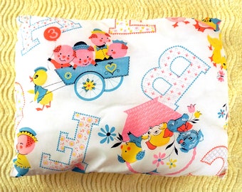 Vintage Baby’s Pillow Puppies Piglets Ducklings Bright Pastels Crib Pillow Nylon Cover Alphabet Letters Nursery Decor Kitsch 3 Little Pigs