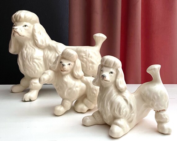 Vintage Poodle Planter White with Matching Poodle Figurines Set of 3 Dogs Standard Poodles Grey Pink Painted Accents on Satin Glazed Pottery