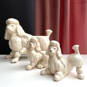 Vintage Poodle Planter White with Matching Poodle Figurines Set of 3 Dogs Standard Poodles Grey Pink Painted Accents on Satin Glazed Pottery