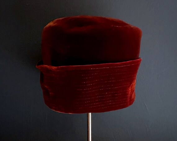 Vintage Velvet Hat Rust Burgundy Toque by Mr. John Classics New York Paris Woman's High Crown Toque 1960s Winter Hat Drum Shape Fold Up Brim