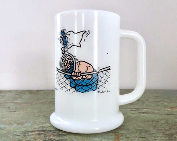 Vintage Ziggy Mug Tennis White Milk Glass Large Mug Beer Stein World's Worst Tennis Player 1970s Comics