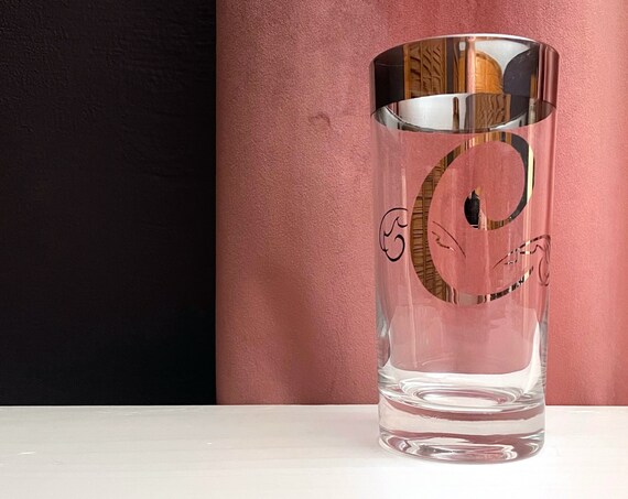 Vintage C Highball Dorothy Thorpe Style MCM Hi Ball Silver Letter C Glass Monogrammed Platinum Thick Rim Tall Tumbler Mercury Initial C