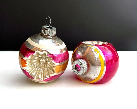 Vintage Indent Balls Small Shiny Brite Ornaments Striped Pink & Yellow Silvered Glass Balls Magenta White Painted Stripes Silver Balls 1950s