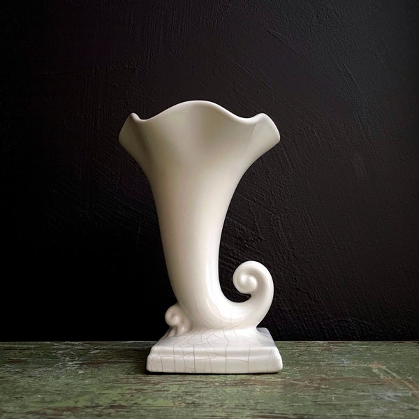 Vintage Trumpet Vase Matte White 40s Abingdon Pottery Vase Square Pedestal Base Asymmetrical Vessel Scalloped Ruffle Rim Vase Crazed Ceramic