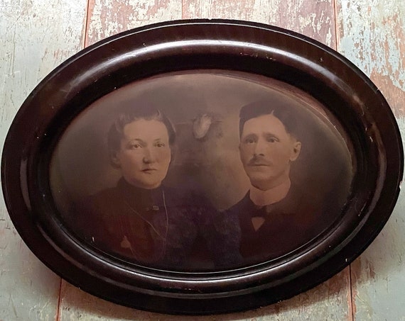 Antique Photograph Large Convex Glass Oval Framed Photo Early 1900s Couple Picture in Bubble Frame Wood Grain Edwardian Turn of the Century