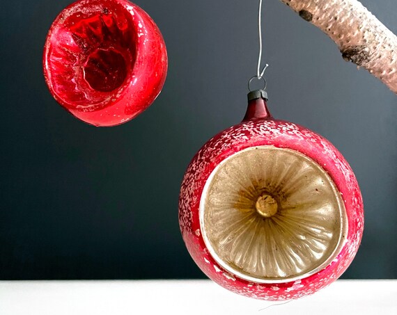 Vintage Ornaments Glass Indent Balls Red Silvered Bulbs Pair Small & Large Ball White Snow Hand Painted Golden Indent Red Very Old Ornaments