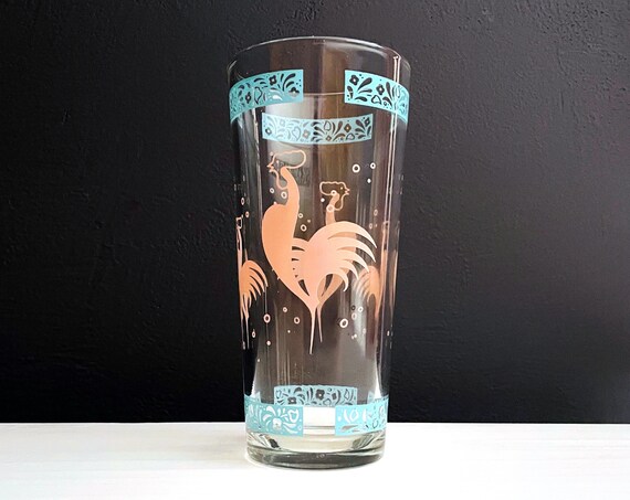 Vintage Pink Rooster Glass Hazel Atlas Tumbler Aqua Floral Rare Glassware Mid Century Pink Cock Retro Hi Ball or Water Glass