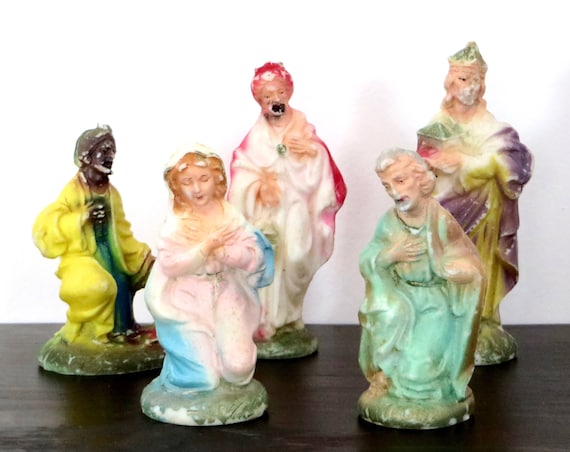 Vintage Nativity Figurines Mary Joseph Wise Men Mid Century Plastic Creche