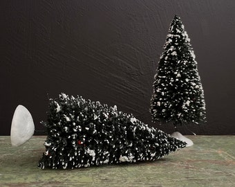 Vintage Mini Trees Hawthorne Village Holiday Tree Set of Two Pines Snow Dusted Miniature Village Christmas Trees Winter Pine B 2002 91224-B