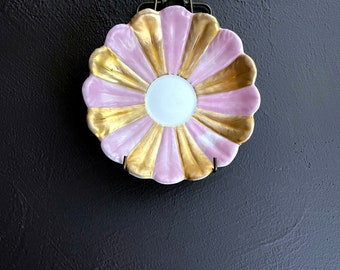 Vintage Flower Saucer Gold and Pink Hand Painted Petals Small Dish Porcelain Likely Czech 1920s Tiny Dish Daisy Shape