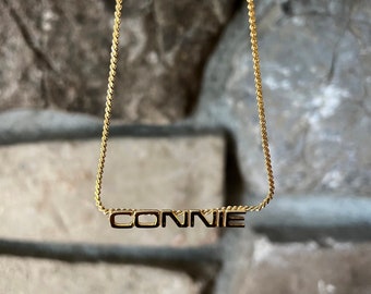 Vintage Nameplate Connie Necklace Gold Toned Modern Lettering 1980s Name Plate Pendant Necklace Girl's Name Connie