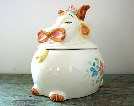 Vintage Cow Tureen Ceramic Hand Painted Silly Bull with Horns Pink Blue Flowers Yellow Cow Bell Large Soup Crock Pottery Japan Rare Kitsch