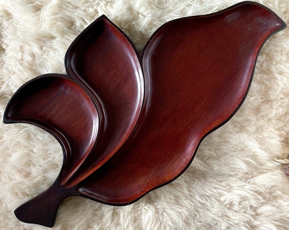 Vintage Wood Tray Mahogany Leaf Shaped Serving Tray Large Dark Wood ISCO Hand Carved In Haiti Mid Century