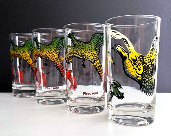 Vintage Bird Glasses Geese Tumblers Quail Glass Game Bird Themed Glassware Anchor Hocking Set of 4 Colorful Barware Hunting Theme MCM Hiball