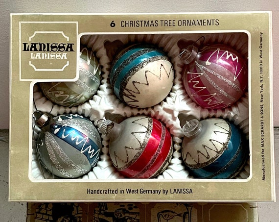 Vintage Ornaments Glass Balls Blue Red Pink Stripe Glitter Squiggle Ornaments Set of 6 Original Box Larissa West Germany 60s Christmas Bulbs