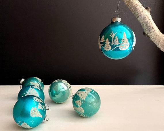 Vintage Shiny Brite Ornaments Aqua Blue Christmas Ball Stenciled Trees White Mica Glitter Set of 6 Aqua Silvered Glass Balls 1960s Holiday