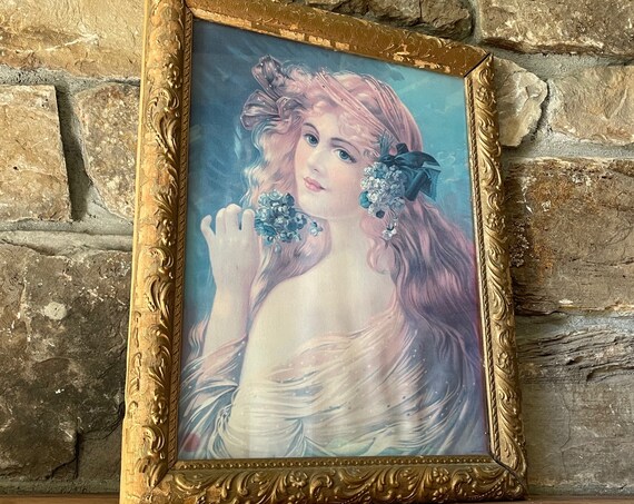 Antique Framed Print Émile Vernon Edwardian Woman Redhead Portrait 20"x 23" Wood Plaster Frame Gold Painted Chippy Rare Print Germany 1910s