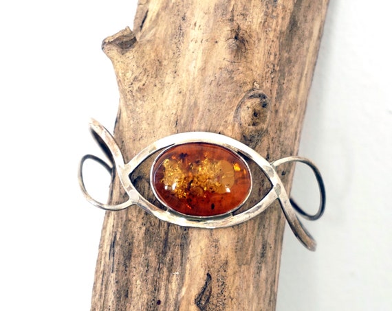 Vintage Amber Silver Cuff Large Oval Natural Amber Cabochon Organic Design Curved Open Bracelet Orange Tone Fossilized Resin Abstracted Eye