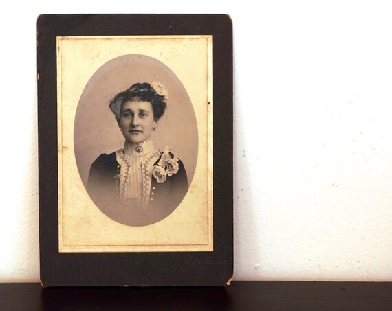 Antique Cabinet Card Real Photo Portrait of a Woman with Rose in Hair Margaretha Vaupel Lena Blattlet Vaupel Edwardian Photograph Oval Mount