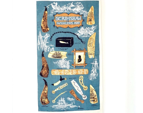 Vintage Tea Towel Whaler’s Art Linen Kay Dee Dishtowel Unused Designed by Bonheur Scrimshaw Teal Blue Brown Whaling Theme Woven Wall Hanging