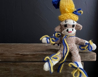 Vintage Tiny Sock Monkey Handmade 9" Tall Sock Monkey with Yellow Hat Knit Monkey Classic Stuffed Animal Miniature Sock Monkey Yarn Creation