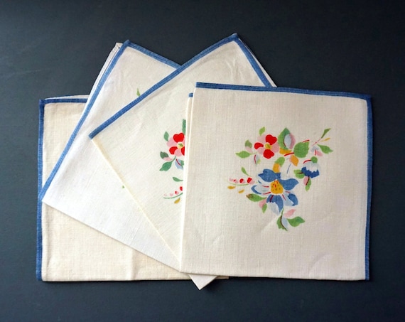 Vintage Linen Napkins Floral Blue Trim Off White Square Napkins Set of 4 Bright Multicolor Flower Clusters Corner Red Pink Yellow Green 40s