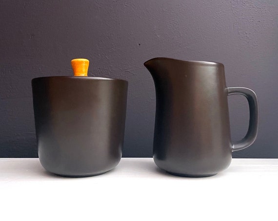Vintage Creamer and Sugar Set Mikasa Terra Stone Paprika Dinnerware Japan 70s Matte Brown Pottery Glazed Orange Lid Sugar Bowl Cream Pitcher