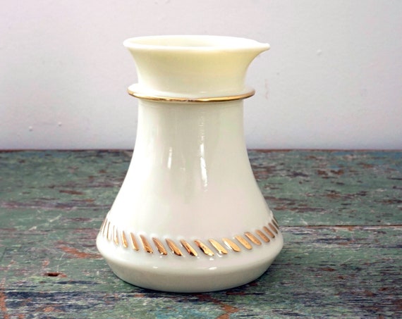 Vintage Creamer Westmoreland Off White Milk Glass Gold Accents Opaque Glass Beige with Gold Swirl Band Handleless Pitcher for Cream 1960s