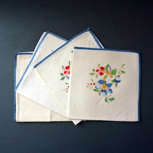 Vintage Linen Napkins Floral Blue Trim Off White Square Napkins Set of 4 Bright Multicolor Flower Clusters Corner Red Pink Yellow Green 40s
