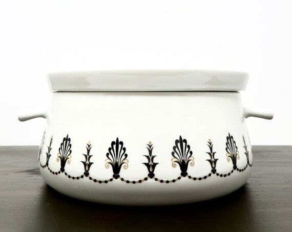Vintage Porcelaine De Paris France Casserole White Porcelain with Black and Gold Art Deco Design Round Covered Vegetable Server