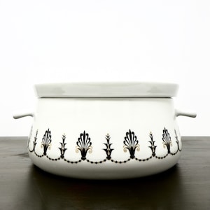 Vintage Porcelaine De Paris France Casserole White Porcelain with Black and Gold Art Deco Design Round Covered Vegetable Server