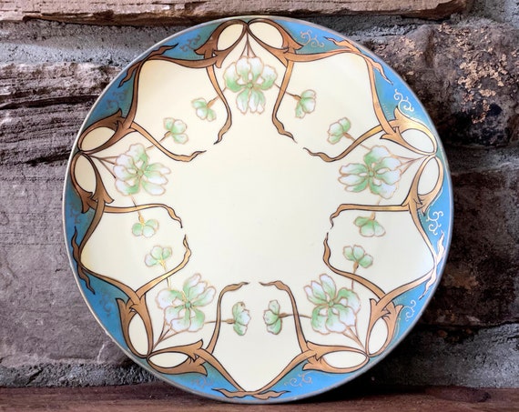 Antique Plate Art Nouveau Iris Motif Decorative Dish Ornate Hand Painted Gold on Butter Yellow Matte Glaze Aqua Porcelain Nippon Meito China