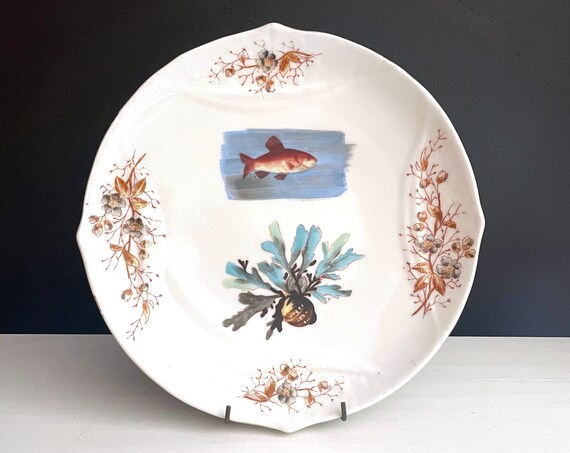 Antique Marx & Gutherz Carlsbad Fish Plate Hand Painted Porcelain Dish Bohemia Austrian 1880s Victorian Undersea Design Brown Floral 9 Inch