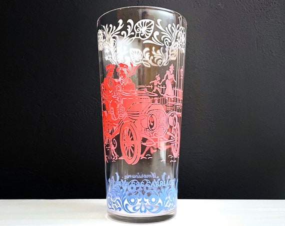Vintage Hazel Atlas Americana Glass Horseless Carriage Tumbler Pink Blue White Buggy Early Automobile Old Time Design 1960s Glassware