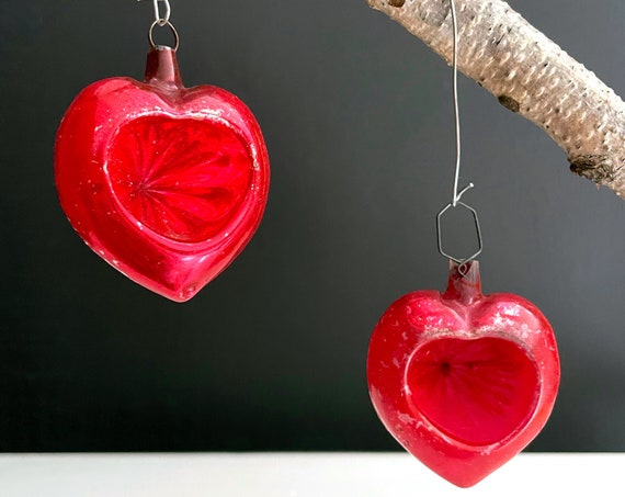 Vintage Heart Ornaments Indent Foiled Red Feather Tree Trim Mercury Glass Bulbs Very Old Pressed Glass Hearts Rosebud Pair No Hanging Caps