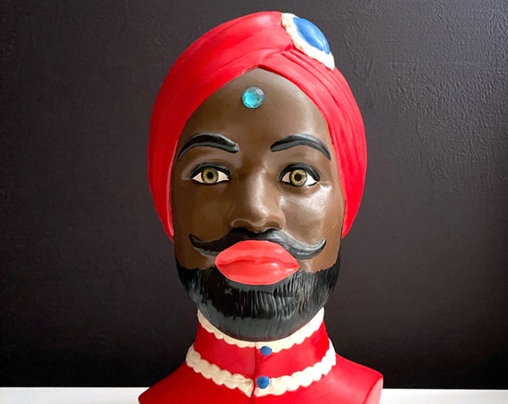 Vintage Bust Sikh Man with Bindi Ceramic Painted Head Red Turban Punjabi Man Indian Kitsch 60s Mid Century Pottery From Mold Possibly Marwal