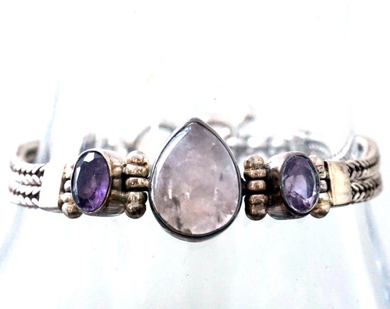 Vintage Bracelet Rose Quartz Cabochon Teardrop Shape Flanked by Amethyst Flat Braided Bracelet Pink Purple Stone 925 Sterling Toggle Clasp