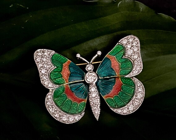 Butterfly Brooch Vintage Enameled Platinum 18K Gold Diamond Pin Papillon Green Pink Butterfly .70 Total Weight Pavé Diamonds Hammerman Style
