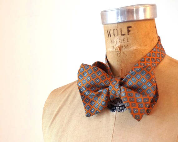 Vintage Bow Tie Ochre Aqua Small Squares Pattern Blue Light Orange Silk Feel Necktie Wedding Formal Attire Menswear Patterned Bowtie