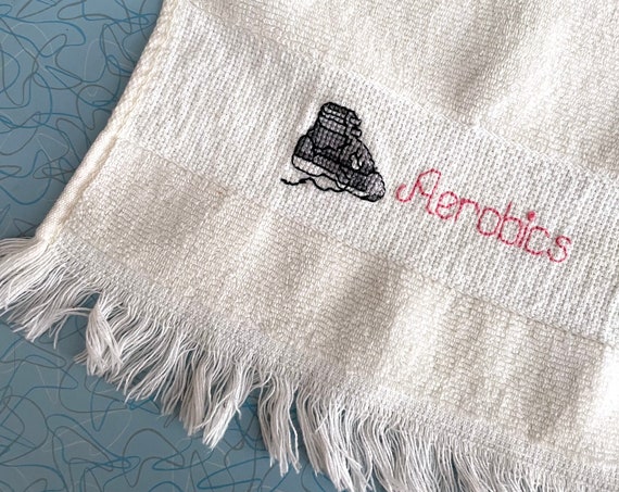 Vintage Hand Towel 80s Aerobics Towel Cross Stitch Sneaker Hand Towel Work Out Pink Lettering Hand Embroidered Sweat Towel White 80s Workout