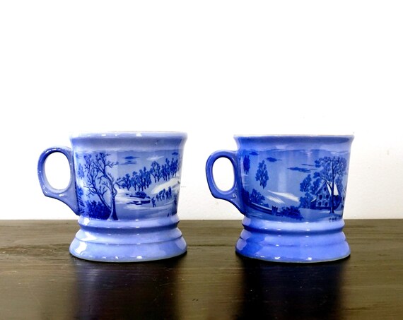 Vintage Mugs Currier & Ives Blue White Winter Scenes A Home In The Wilderness The Old Homestead In Winter Set 80s Antique Repro Shaving Mugs