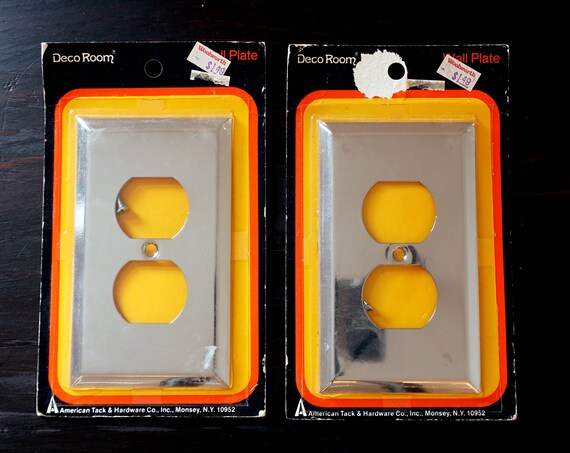 Vintage Chrome Outlet Cover Plates Matching Pair 1970s Deco Room Wall Plate American Tack & Hardware Co New Old Stock in Original Packaging