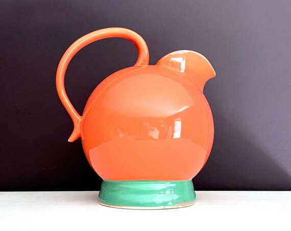 Vintage Pitcher Salmon Green Lindt Stymeist '80s Colorways Ceramic Pitcher Globe Shaped Vessel Bold Pastel Coral Sea Green Post Modern Japan