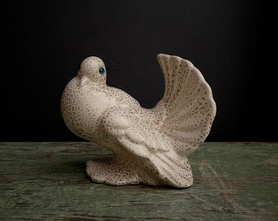 Vintage Dove Figurine Gold Speckled Bird Turquoise Faux Crystal Eyes Off White Mourning Dove Ceramic Pigeon Hollywood Regency