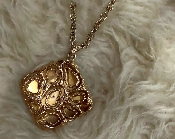 Vintage Huge Necklace Gold Toned Square Brutalist Modern Jewelry Long Chain Necklace 3 Dimensional Large Pendant Mid Century Costume Jewelry