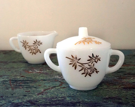 Vintage Milk Glass Creamer & Sugar Set White Gold Bamboo Leaves 60s Federal Glass Handled Sugar Bowl w/ Lid matching Cream Pitcher 24K Gold