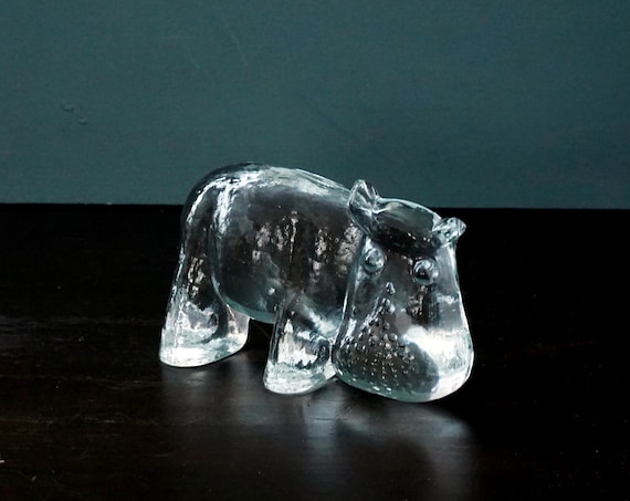 Vintage Glass Hippo Kosta Boda Paperweight Clear Swedish Glasworks Bertil Vallien Zoo Series Hippopotamus Figurine Art Glass 1970s Sweden